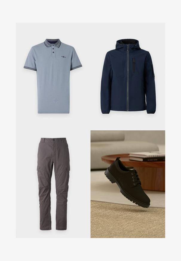 Marineblauwe softshell jacket met een rits aan de voorkant, verstelbare capuchon, zijzakken en elastische manchetten. Gladde textuur met een gestroomlijnd ontwerp.; Polo shirt in lichtblauw katoen, met een contrasterende kraag met marineblauwe accenten, een placket met twee knopen en een klein logo op de borst.; Grijze cargo broek met een rechte snit, uitgerust met meerdere zijzakken en versterkte stiksels langs de benen. Gemaakt van duurzame stof.; Zwarte leren veterschoen met een dikke zool zwevend boven een beige tapijt in een minimalistische woonkamer.