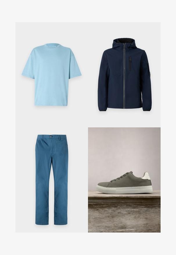 Marineblauwe softshell jacket met een rits aan de voorkant, verstelbare capuchon, zijzakken en elastische manchetten. Gladde textuur met een gestroomlijnd ontwerp.; Lichtblauwe katoenen T-shirt met een ronde hals, korte mouwen en een losse pasvorm. Smooth textuur en minimalistisch ontwerp.; TOM TAILOR REGULAR WASHED - Chino - real teal blue; Grijze sneaker met een glad bovenwerk, witte accenten en een rubberen zool. Heeft een klassiek vetersysteem en een getextureerde neuskap.