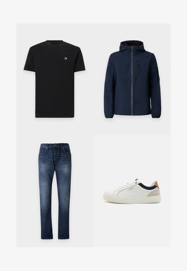 Marineblauwe softshell jacket met een rits aan de voorkant, verstelbare capuchon, zijzakken en elastische manchetten. Gladde textuur met een gestroomlijnd ontwerp.; Zwarte katoenen T-shirt met korte mouwen, ronde halslijn en een klein wit logo op de linkerkant van de borst. Glad textuur, eenvoudig ontwerp.; Donkerblauwe denim jeans met een rechte pijpdesign, voorzien van een vervaagde wassing, vijf zakken en zichtbare stiksels langs de naden.; Witte leren sneakers met een laag ontwerp, marineblauwe stoffen accenten op de kraag en een lichtroze suède hieltab. Rubberen zool.