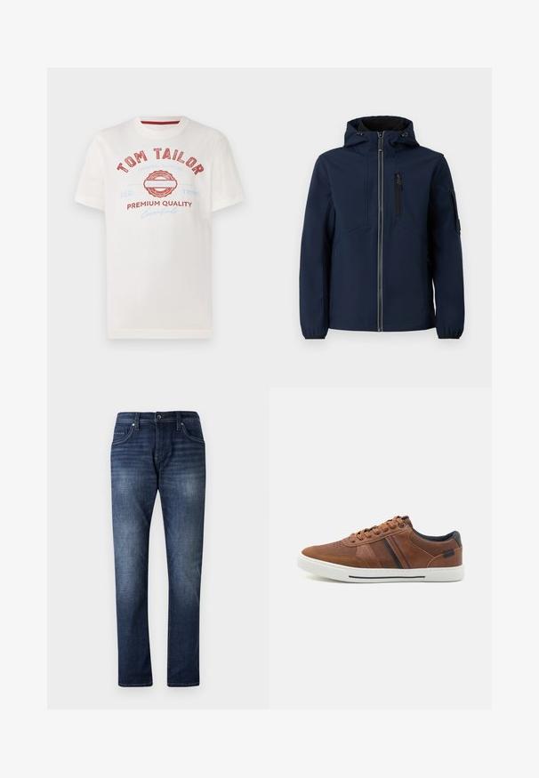 Navyblaue Softshell-Jacke mit Reißverschluss vorne, verstellbarem Kapuzenbereich, seitlichen Taschen und elastischen Bündchen. Glatte Textur mit stromlinienförmigem Design.; Weißes Baumwoll-T-Shirt mit rot-blauer Druckgrafik, das "TOM TAILOR" zeigt, ein rundes Logo und den Text "PREMIUM QUALITY" in verschiedenen Schriftarten.; Dunkelblaue Jeans aus Denim mit geradem Bein, versehen mit einer hellen Waschanlage, fünf Taschen und sichtbaren Nähten entlang der Nähte.; Braune Leder-Sneaker mit glatter Textur, weißer Gummisohle, schwarzen Akzenten und dekorativen Nähten sowie seitlichen Streifen.