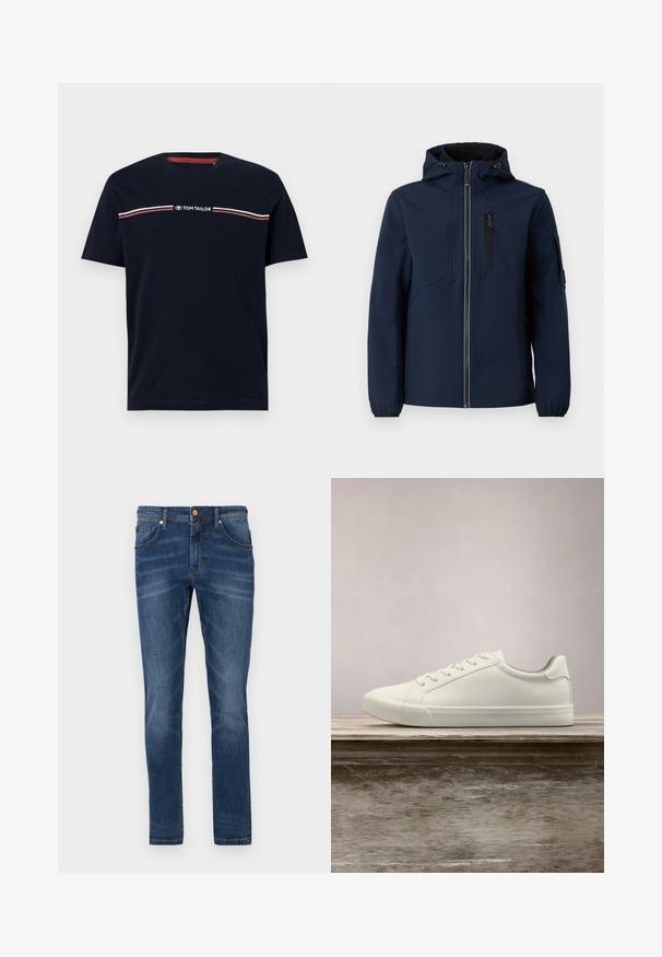 Marineblå softshell-jakke med lynlås foran, justerbar hætte, sidelommer og elastiske manchetter. Glat tekstur med strømlinet design.; Marineblå bomulds-t-shirt med korte ærmer og rund halsudskæring, med en hvid og rød horisontal stribedetalje og "TOM TAILOR" logo.; Mørkeblå denim jeans med lige ben, fem lommer, subtile blegetoner, kontrastsyet og knaplukning i taljen.; Hvide snørresneakers svævende over en træbænk med grønne planter i baggrunden, der fremhæver skodesign og tekstur.