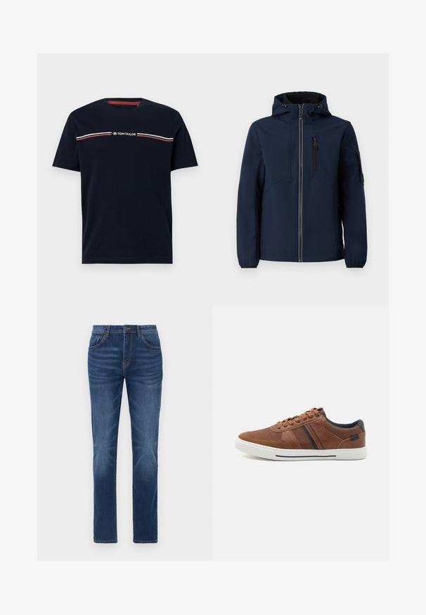 Marineblå softshell-jakke med lynlås foran, justerbar hætte, sidelommer og elastiske manchetter. Glat tekstur med strømlinet design.; Marineblå bomulds-t-shirt med korte ærmer og rund halsudskæring, med en hvid og rød horisontal stribedetalje og "TOM TAILOR" logo.; Mørkeblå denimjeans med en klassisk lige pasform, fem-lomme design og let falmede detaljer på benene. Har knap- og lynlåslukning.; Brune lædersneakers med en glat overflade, hvid gummisål, sorte accenter og dekorativ syning med sidelæg.