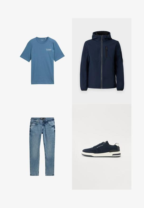 Navyblaue Softshell-Jacke mit Reißverschluss vorne, verstellbarem Kapuzenbereich, seitlichen Taschen und elastischen Bündchen. Glatte Textur mit stromlinienförmigem Design.; Blaues Baumwoll-T-Shirt mit kurzen Ärmeln, rundem Ausschnitt und dezentem Aufdruck-Logo auf der linken Brust. Weicher Stoff, lässige Passform.; Hellblaue Denim-Jeans mit schlanker Passform, ausgestattet mit fünf Taschen, einem Reißverschluss und Ziernähten entlang der Nähte.; Marineblaue Stricksneaker mit weißen und marineblauen Akzenten, runder Zehenpartie, gepolsterter Sohle und Schnürverschluss. Texturierte Seitenpaneele sichtbar.