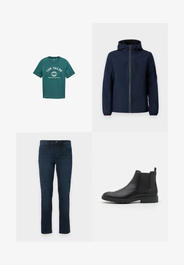 Marineblauwe softshell jacket met een rits aan de voorkant, verstelbare capuchon, zijzakken en elastische manchetten. Gladde textuur met een gestroomlijnd ontwerp.; Teal kort-sleeve t-shirt van katoen met een ronde halslijn en witte bedrukte tekst "TOM TAILOR" en ontwerpelementen aan de voorkant.; Donkerblauwe denim jeans met een rechte pijp, voorzien van vijf zakken, een knoopsluiting en subtiele vervaging aan de voorkant.; Zwarte leren Chelsea-boot met elastische zijpanelen en een trekhaak, met een ronde neus en een gestructureerde rubberen zool.