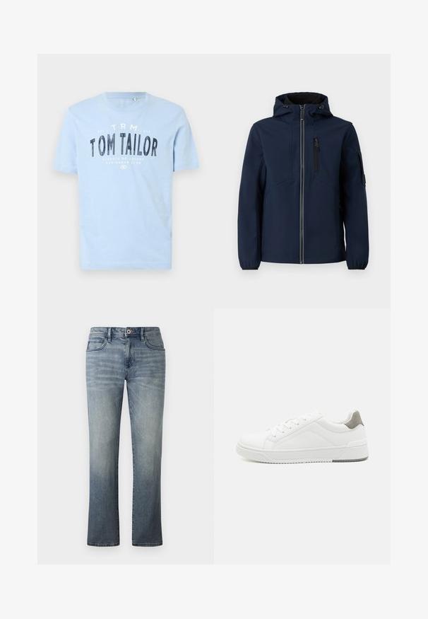 Marineblå softshell-jakke med lynlås foran, justerbar hætte, sidelommer og elastiske manchetter. Glat tekstur med strømlinet design.; Lyseblå bomulds t-shirt med rund halsudskæring og korte ærmer. Den har kraftig sort trykt tekst: "TOM TAILOR" samt yderligere brandingdetaljer.; Lysvasket denimbukser med lige ben, fem-lomme stil, metalknaplukning og subtile falmede detaljer.; Hvid sneaker lavet af glat læder, rund tå, minimalistisk design, grå hælafsats og tekstureret gummisål.