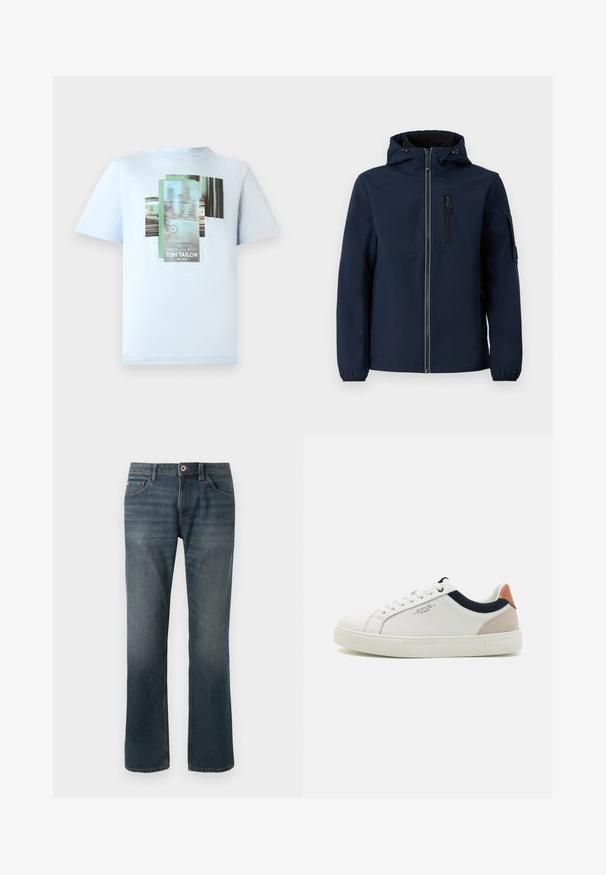 Navyblaue Softshell-Jacke mit Reißverschluss vorne, verstellbarem Kapuzenbereich, seitlichen Taschen und elastischen Bündchen. Glatte Textur mit stromlinienförmigem Design.; TOM TAILOR T-Shirt print - light metal blue; Dunkelblaue Jeans aus Denim mit geradem Bein. Merkmale sind fünf Taschen, kontrastierende Nähte sowie ein Knopf- und Reißverschluss vorne.; Weiße Leder-Sneaker mit einem Low-Top-Design, marineblauem Stoffakzent am Kragen und einem hellrosa Wildleder-Hackenteil. Gummisohle.