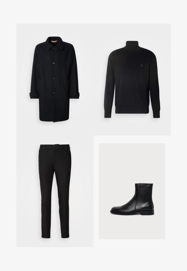 Abrigo de lana negro con un diseño clásico, cierre de botones, cuello tipo point y puños ajustables. Textura suave, silueta a la altura de la rodilla.; Jersey de cuello alto negro con mangas largas, cuello y puños acanalados, hecho de una tela suave. Presenta un pequeño parche de logo en el pecho.; Pantalones negros de corte ajustado, con cierre de botón, cremallera y dos bolsillos frontales. Tejido suave con un acabado mate.; Bota de piel negra lisa hasta el tobillo con tacón bajo y cremallera lateral, etiquetada con Hugo cerca del borde superior.