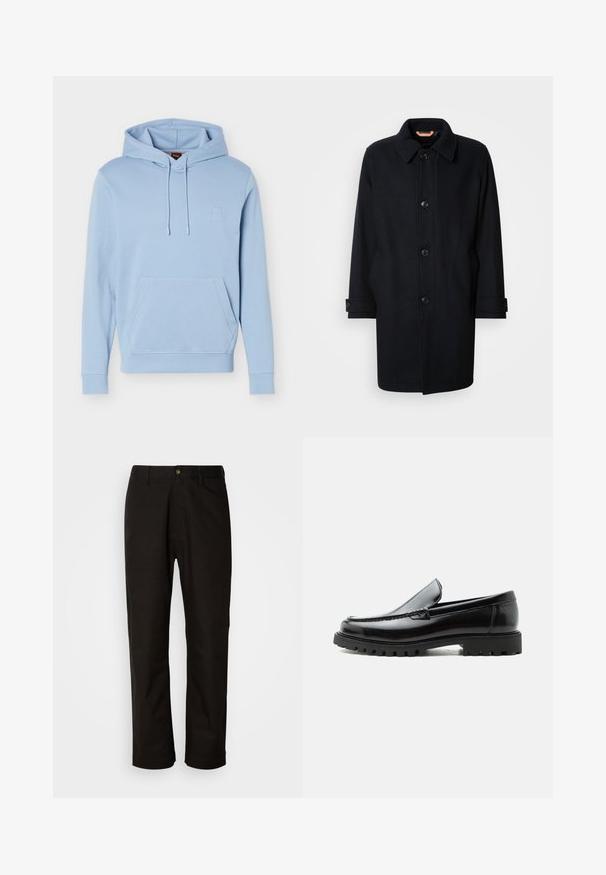 Manteau en laine noire au design classique, fermeture à boutons, col pointu et poignets ajustables. Texture lisse, silhouette à mi-mollet.; Sweat à capuche bleu clair avec poche kangourou à l'avant et capuche à cordon de serrage, arborant un logo subtilement embossé sur la poitrine.; Pantalon en coton noir avec une coupe droite, des passants de ceinture, une fermeture éclair à l'avant et un seul bouton. Texture lisse sans motifs visibles.; Mocassin en cuir noir avec semelle en caoutchouc épaisse, dessus cousu et nom de marque embossé sur le talon, présenté de profil sur fond blanc.