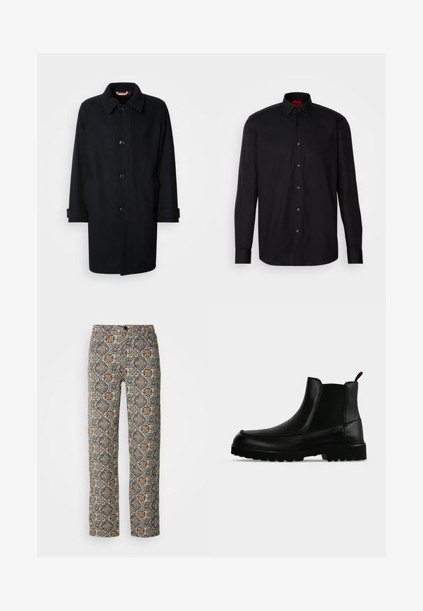 Abrigo de lana negro con un diseño clásico, cierre de botones, cuello tipo point y puños ajustables. Textura suave, silueta a la altura de la rodilla.; Camisa negra de manga larga hecha de una tela suave, con un cuello clásico con tapa, cierre frontal de botones y un ajuste entallado.; Pantalones con estampado floral en tonos beige, negro y naranja. Fabricados en una tela ligera, cuentan con un corte recto y un cierre de botón.; Bota negra de cuero hasta el tobillo con suela texturizada, paneles laterales elásticos y pestaña de tirador sobre fondo gris claro.
