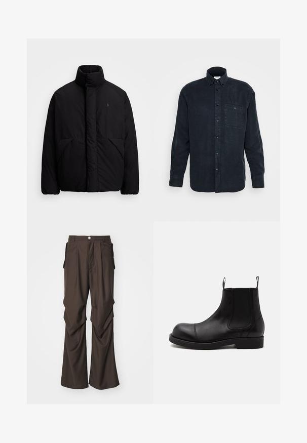 Chaqueta acolchada negra con un cuello alto, de diseño minimalista, dos bolsillos frontales y un pequeño logo en el pecho. Textura suave.; Camisa de botón de manga larga en azul oscuro, hecha de algodón suave, con un bolsillo en el pecho y un diseño de cuello clásico.; Pantalones marrones ajustados con un diseño de pierna ancha, que cuentan con bolsillos laterales y un cierre frontal con botón. Tejido suave con sutiles plisados.; Bota Chelsea de cuero negro con punta redondeada, paneles laterales elásticos, tiradores delante y detrás, suela plana, mostrada de lado sobre fondo blanco.