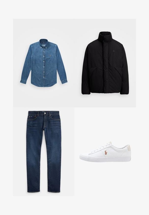 Sort puffer-jakke med høj krave, der har et minimalistisk design, to frontlommer og et lille logo på brystet. Glat tekstur.; Denimskjorte med lange ærmer, krave med knapper og et subtilt vertikalt stribe mønster, i en mellemblå farve med et logo akcent.; Mørkeblå slim-fit jeans med subtil falmning på lårene, fem-lomme-design og knaplukning ved taljen.; Hvide kanvas sneakers med lågtop design, prydet med en beige hælkappe og et lille broderet logo på siden. Gummisål.