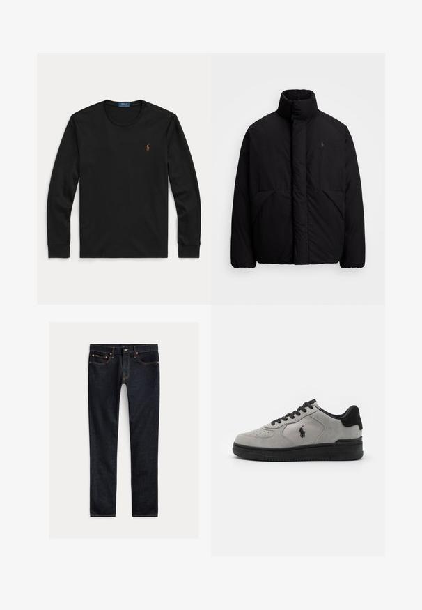 Schwarze Pufferjacke mit hohem Kragen, minimalistisches Design, zwei Fronttaschen und ein kleines Logo auf der Brust. Glatte Textur.; Schwarzes Langarmshirt mit Rundhalsausschnitt und kleinem besticktem Polo Ralph Lauren-Logo auf der linken Brust.; Dunkelblaue Slim-Fit-Jeans mit fünf Taschen, Knopfverschluss und Kontrastnähten, flach auf hellem Hintergrund ausgelegt.; Graue Wildleder-Sneaker mit schwarzen Akzenten, mit einem strukturierten Stoffseitenteil, runder Zehenpartie und schwarzer Gummisohle. Logo auf der Seite eingestickt.
