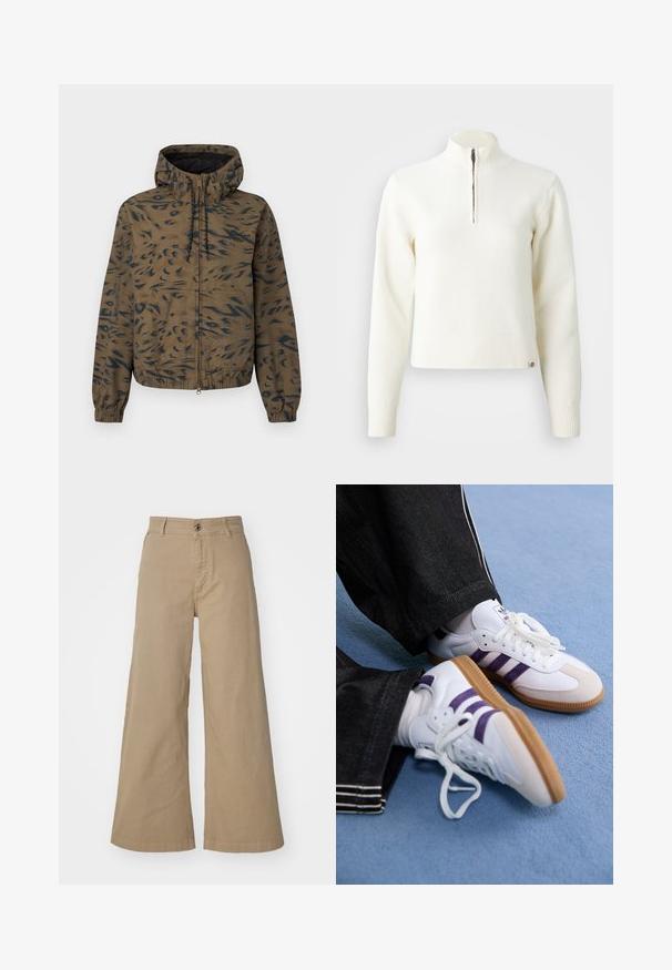 Brun hættejakke med sort abstrakt dyrprint, lynlås foran, elastiske manchetter, snøre i hætten og kengurulomme.; Hvid, sweater med lynlås ved halsen og lange ærmer. Lavet af et blødt strikmateriale, med ribbede manchetter og kant. Diskret mærke-logo ved kanten.; Khaki brede bukser lavet af bomuld, med en frontknaplukning, bæltesløjfer og en glat, mat overflade.; Hvide sportsko med lilla striber og brune gummisåler, med runde snørebånd og polstret krave. Båret med mørke denimbukser.