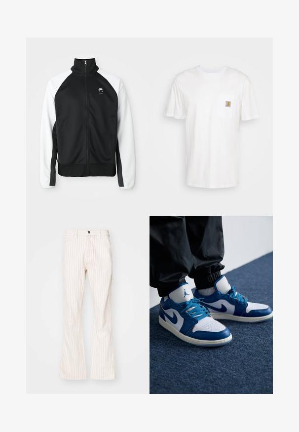 Μαύρη και λευκή φερμουάρ φούτερ Nike Air με ψηλό γιακά, μαύρο μπροστινό μέρος και λευκά μανίκια, εκτεθειμένο σε ουδέτερο φόντο.; Λευκό βαμβακερό T-shirt με κοντά μανίκια, τσέπη στο στήθος και ένα μικρό τετράγωνο λογότυπο σε πορτοκαλί και λευκό στην τσέπη.; Κρέμα χρώματος παντελόνια με φαρδιά γραμμή και κατακόκκινες ρίγες, με κουμπί κλεισίματος, πλαϊνές τσέπες και λεία υφή.; Τα παπούτσια Nike Air Jordan διαθέτουν λευκή δερμάτινη βάση με μπλε συνθετικά στοιχεία, περφοριέται μπροστινός τομέας και μπλε κορδόνια.