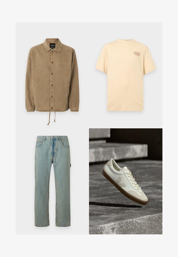 Chaqueta de color marrón claro con botones, cuello, puños elásticos, dobladillo con cordón ajustable, logotipo de Vans en etiqueta interior negra y pequeño bordado en el pecho.; Camiseta beige de manga corta con cuello redondo y pequeño logotipo de "Von Dutch California" en la parte superior izquierda del pecho.; Vaqueros de denim de corte suelto en azul claro, con cinco bolsillos, cierre de botón y costuras visibles. La tela tiene un aspecto desgastado y texturizado.; Zapatillas blancas de cuero con suela de goma color beige, cordones planos y un acento en forma de V en el costado. Presentan una superficie lisa y detalles mínimos de costura.