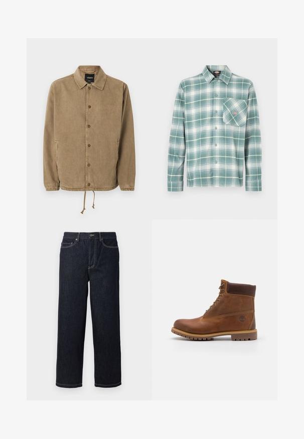 Veste boutonnée marron clair avec col, poignets élastiques, ourlet à cordon de serrage, logo Vans sur l'étiquette intérieure noire et petite broderie sur la poitrine.; Chemise à carreaux vert et blanc, en flanelle. Dotée d'un col boutonné, de manches longues et d'une poche unique sur le côté gauche de la poitrine.; Jean en denim droit bleu marine avec cinq poches et surpiqûres blanches contrastantes, fermeture à bouton et passants de ceinture.; Botte de randonnée en cuir marron avec une finition lisse, cheville rembourrée, œillets en métal et semelle en caoutchouc dotée d'un motif de crampons robuste.