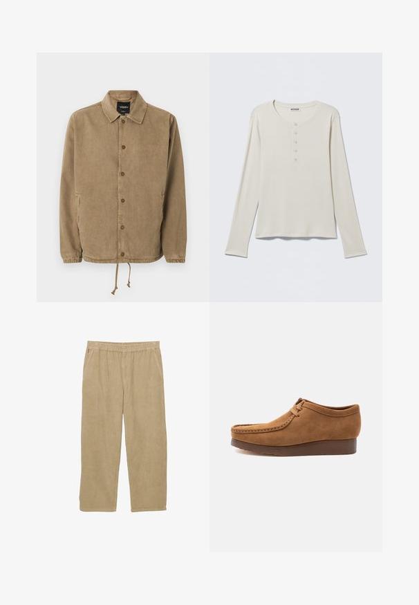 Veste boutonnée marron clair avec col, poignets élastiques, ourlet à cordon de serrage, logo Vans sur l'étiquette intérieure noire et petite broderie sur la poitrine.; Chemise henley crème à manches longues avec col rond et patte à cinq boutons, étiquetée Weekday, posée à plat sur un fond neutre.; Pantalons en velours côtelé beige avec une coupe évasée, taille élastique et deux poches latérales. Présente une texture à côtes verticales.; Mocassin à lacets en daim marron avec semelle épaisse foncée, vue latérale sur fond clair uni.