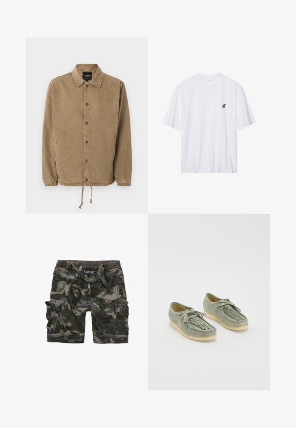 Chaqueta de color marrón claro con botones, cuello, puños elásticos, dobladillo con cordón ajustable, logotipo de Vans en etiqueta interior negra y pequeño bordado en el pecho.; Camiseta de algodón blanca de manga corta, con un pequeño diseño bordado de palmeras en una maceta en el área del lado izquierdo del pecho.; Pantalones cortos cargo camuflados en verde oscuro y gris. Presentan múltiples bolsillos, cremallera, y una cintura elástica con cordones. Tejido duradero.; Zapatos de ante verde con detalles trenzados en la parte superior, cierre con cordones y acentos de borlas. Suela de goma color crema.