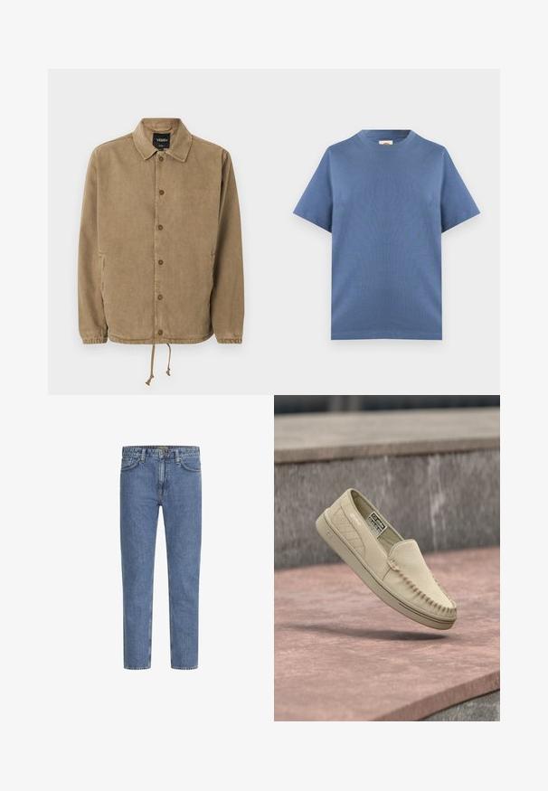 Lysebrun skjortejakke med krave, elastiske ærmeafslutninger, snøre i kanten og Vans-logo på sort inderlabel samt lille broderi på brystet.; Enkel T-shirt med korte ærmer og rund hals i ensfarvet dæmpet blå, vist fladt mod en lysegrå baggrund.; Lyseblå denimjeans med lige ben, fem lommer og kontrastsyede syninger. Let falmet for et slidt look. Kraftig metal knap.; Beige ruskind slip-on loafers med quiltet sidepanel, mokassin-stikninger og gummisål, svæver over en stensoverflade.