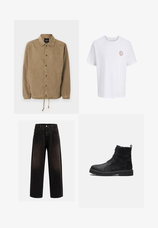 Hellbraune Jacke zum Knöpfen mit Kragen, elastischen Bündchen, Kordelzugsaum und Vans-Logo auf schwarzem Innenetikett sowie kleinem Bruststick.; Weißes T-Shirt mit kurzen Ärmeln und Rundhalsausschnitt, mit einem kleinen, runden roten Logo auf der linken Brust.; Schwarze Denim-Jeans mit lockerer Passform, ausgestattet mit Gürtelschlaufen, fünf Taschen Design und einem Knopfverschluss. Strukturierter Stoff mit leichtem Verblassen.; Schwarze Ankle Boots mit einer strukturierten Oberfläche, ausgestattet mit Schnürung vorne, robustem Gummisohle und einer Zuglasche hinten für einfaches An- und Ausziehen.