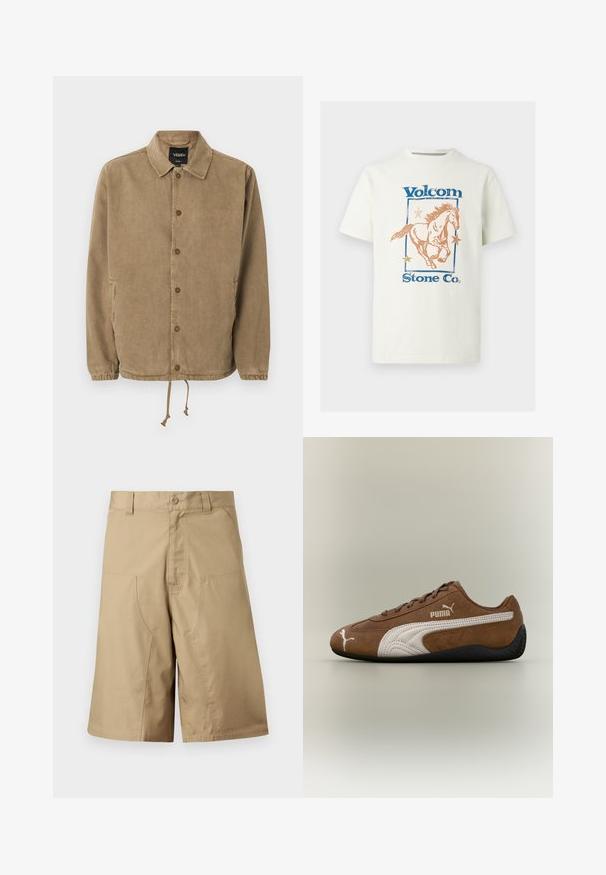 Veste boutonnée marron clair avec col, poignets élastiques, ourlet à cordon de serrage, logo Vans sur l'étiquette intérieure noire et petite broderie sur la poitrine.; T-shirt en coton blanc avec un graphisme d'un cheval au galop, le texte "Volcom" en bleu, et des étoiles orange dans un contour rectangulaire.; Shorts kaki à coupe droite, confectionnés dans un tissu léger, dotés de deux poches avant et d'une fermeture par bouton à la taille.; Baskets en daim marron avec des accents blancs et un design texturé. Elles disposent d'une semelle en caoutchouc noire et d'un logo Puma proéminent sur le côté.
