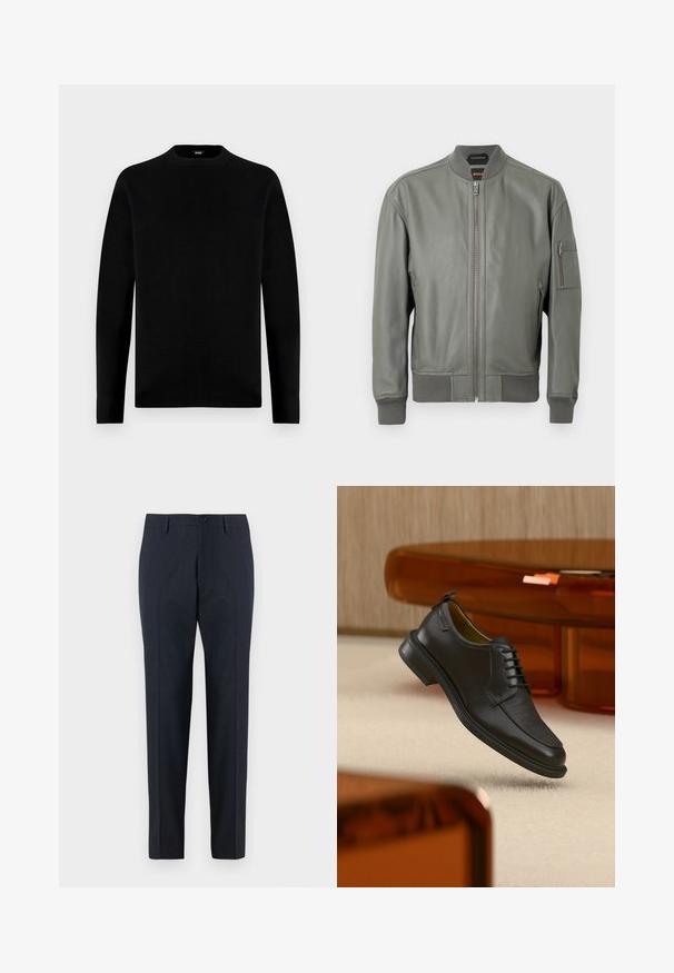 Chaqueta bomber de cuero verde oscuro con cremallera frontal, puños y cuello acanalados. Cuenta con bolsillos laterales y un bolsillo en la manga con cremallera.; Sudadera negra de manga larga con cuello redondo, de diseño sencillo y sólido, con una pequeña etiqueta de la marca en el interior del cuello.; DRYKORN AJEND - Pantalones chinos - blue; Zapato de vestir negro de piel con cordones y parte delantera texturizada, flotando sobre una alfombra beige en una habitación moderna con muebles de tono ámbar.