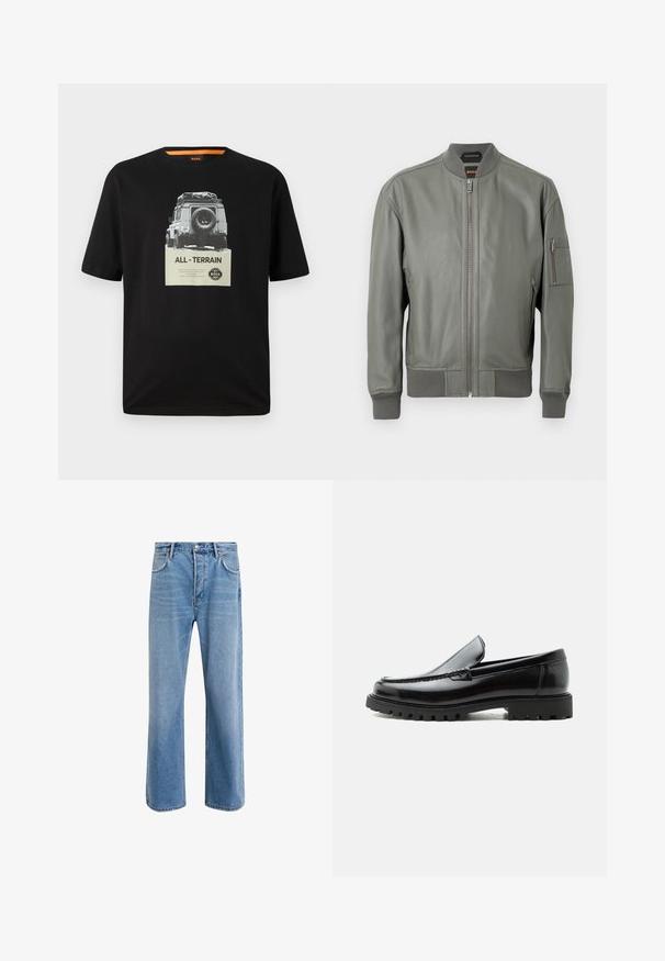 Mørkegrøn læderbomberjakke med lynlås foran, ribstrikkede manchetter og krave. Har sidelommer og en ærmelomme med lynlås.; Sort bomulds T-shirt med rund hals, der har et grafisk print af et klassisk køretøj og teksten "ALL - TERRAIN" på brystet.; Lyseblå denim jeans med lige ben-design, fem lommer, knaplukning, minimal falming og kontraststingdetaljer.; Sort læderloafer med chunky gummisål, syet overdel og præget mærkenavn på hælen, vist i sideprofil på hvid baggrund.