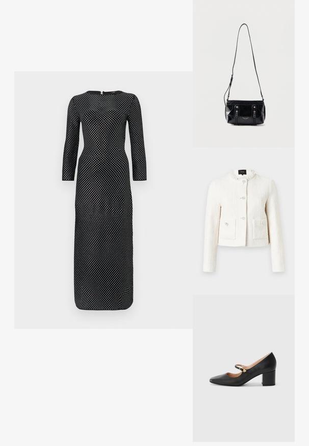 Veste courte blanche texturée avec col orné de perles, boutons décoratifs en cristal et poches plaquées à l'avant.; Robe longue noire à manches longues avec un col rond, ornée d'un motif à pois blancs sur l'ensemble et d'une fermeture éclair dissimulée dans le dos.; Chaussure Mary Jane en cuir noir avec un bout pointu, une sangle de cheville ornée d'une boucle en or et un talon bloc empilé. Texture lisse.; Sac à bandoulière en cuir noir avec sangle réglable, deux fermetures éclair verticales sur le devant et un petit emblème métallique en forme d'aile sous les fermetures éclair.