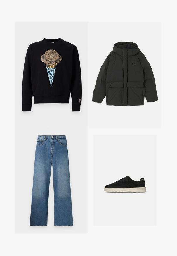 Veste matelassée noire avec capuche. Dispose d'une fermeture éclair à l'avant, de deux grandes poches avant et d'une texture lisse et matelassée. Logo sur la poitrine.; Sweatshirt noir avec un imprimé graphique d'un cornet de glace avec une boule texturée, rehaussé de détails bleus et dorés.; Jean en denim bleu à jambes évasées avec un design classique à cinq poches, fermeture à bouton à l'avant et légères décolorations pour ajouter de la texture.; Baskets basses en daim noir avec lacets noirs et semelle blanche en caoutchouc, vue latérale sur fond gris clair uni.