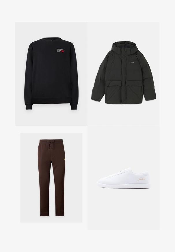 Schwarze Pufferjacke mit Kapuze. Verfügt über einen Reißverschluss vorne, zwei große Fronttaschen und eine glatte, gesteppten Textur. Logo auf der Brust.; Schwarzer Sweatshirt aus Baumwollmischung, mit Rundhals, gerippten Bündchen und einem kleinen rot-weißen "New Balance"-Logo auf der Brust.; Braune Jogginghose mit gerippten Bündchen und Bund, mit Kordelzug und kleinem gelbem Logo am rechten Oberschenkel.; Weißer Sneaker in niedriger Ausführung mit weißen Schnürsenkeln, strukturierter Sohle und goldener "Lacoste"-Schrift auf der Seite vor neutralem Hintergrund.