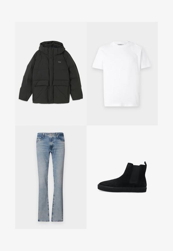 Schwarze Pufferjacke mit Kapuze. Verfügt über einen Reißverschluss vorne, zwei große Fronttaschen und eine glatte, gesteppten Textur. Logo auf der Brust.; Weißes Baumwoll-T-Shirt mit Rundhalsausschnitt und kurzen Ärmeln. Besitzt ein kleines, geprägtes Logo auf der linken Brust. Glatte Textur.; Hellblaue, ausgestellte Jeans aus Denim mit mittelhohem Bund, fünf Taschen und einem verblassten Finish, ausgestattet mit einem Reißverschluss und einem Metallknopfverschluss.; Schwarze Wildleder-Ankle Boots mit elastischen Seitenpaneelen und einer strukturierten schwarzen Gummisohle. Mit einer Zuglasche an der Rückseite für ein einfaches An- und Ausziehen.