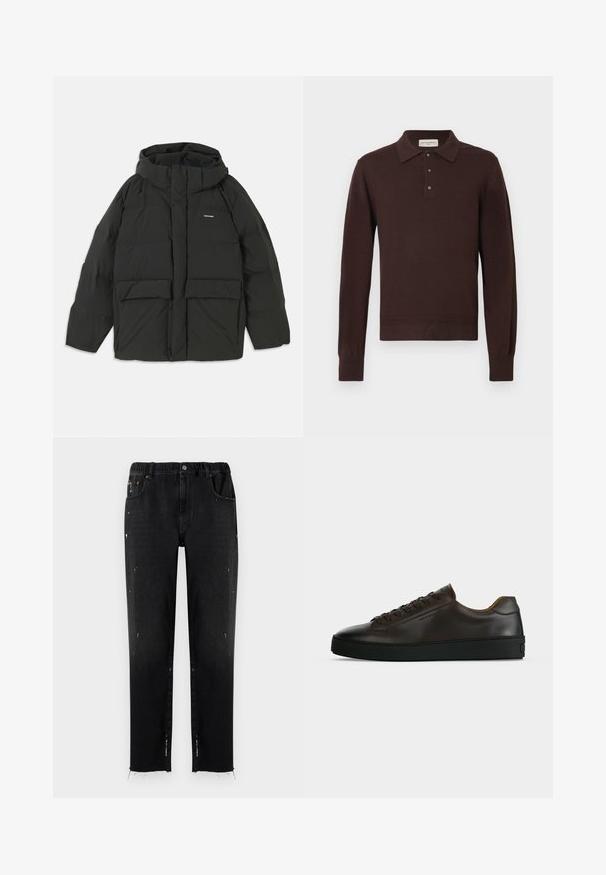 Chaqueta acolchada negra con capucha. Cuenta con un cierre frontal con cremallera, dos grandes bolsillos frontales y una textura suave y acolchada. Logo en el pecho.; Polo de manga larga marrón hecho de material suave; cuenta con un cuello clásico, una tapeta con tres botones y puños acanalados.; Vaqueros negros de denim con cinturilla elástica, corte recto, detalles desgastados y dobladillo desflecado. Presenta bolsillos y cierre con botón.; Zapatilla de perfil bajo de cuero marrón oscuro con suela de goma negra, cierre de cordones y diseño liso y minimalista sobre un fondo claro.