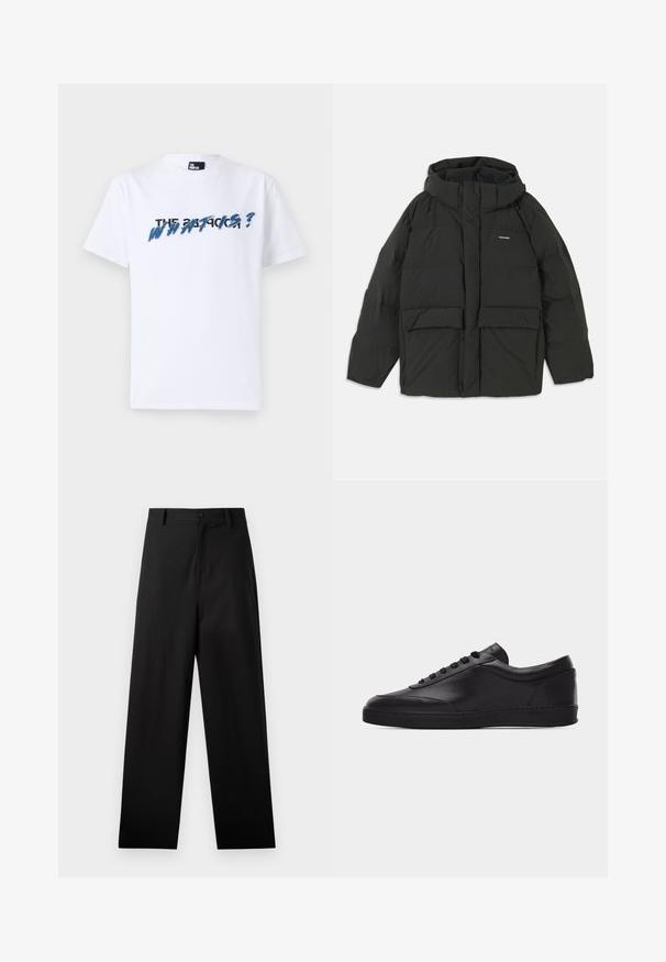 Zwarte pufferjack met een capuchon. Heeft een rits aan de voorkant, twee grote voorzakken en een gladde, gewatteerde textuur. Logo op de borst.; Witte katoenen t-shirt met korte mouwen; heeft grafische tekst in blauw en zwart met de tekst "THE WHAT IS?" over de borst. Zachte textuur.; Zwarte broek van katoen met een rechte pijpdesign, voorzien van een sluiting met een knoop aan de voorkant en zijzakken. Gladde textuur, geen patronen.; Zwarte lage leren sneaker met vetersluiting aan de voorkant en een platte rubberen zool, gezien van de zijkant tegen een effen witte achtergrond.