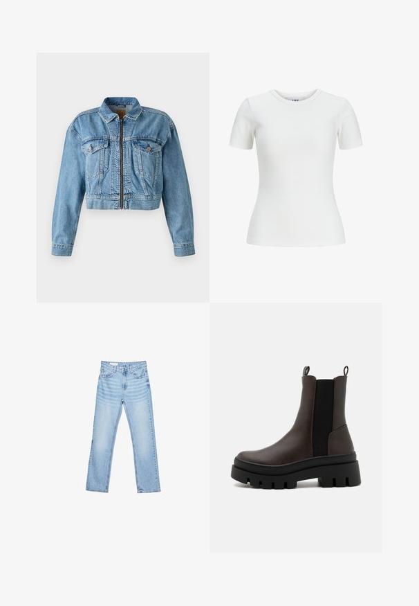Korthåndlet denimjakke i lyseblå, med lynlås foran, to brystlommer og lange ærmer. Slidt tekstur med synlige syninger.; Hvid ribbet kortærmet t-shirt med rund halsudskæring og tætsiddende design. Fremstillet af glat stof, velegnet til lagdeling eller afslappet brug.; Lyseblå denimjeans med lige pasform, fem-lomme-design og synlig syning. Mellem-høj talje med klassisk knap- og lynlåslukning.; Brune læderankelstøvler med sorte elastiske sidepaneler, en kraftig sort sål og trækflapper bagpå for nem påtagning.