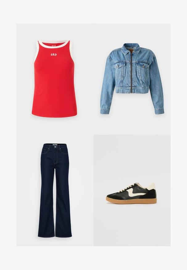 Korthåndlet denimjakke i lyseblå, med lynlås foran, to brystlommer og lange ærmer. Slidt tekstur med synlige syninger.; Rød ribbet tanktop med hvidt trim og GAP-logo på brystet. Ærmeløs design, afslappet pasform, lavet af blødt bomuldsstof.; ONLY Tall ONLJUICY WIDE RINSE - Wide leg - dark blue denim; Sorte ruskinds- og lædersneakers med en cremefarvet side-swoosh og lys cremefarvet hæl. Har beige snørebånd og en gummirubber-sål.