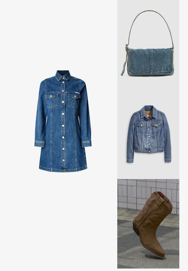 Denimjakke i mellemblå med klassisk krave, knaplukning foran, to brystlommer og guldfarvet hardware. Slidt teksturdetalje.; Denim skjortekjole, lange ærmer, knaplukning foran, to brystlommer, klassisk krave, mellemblå farve og lyse syninger.; Brun ruskind cowboystøvle med dekorative syninger og en stakket hæl, placeret oprejst på et udendørs flisebelægning.; Denim skuldertaske med fold-over design, lys blå farve, synlige sømme, justerbar rem og en sidelabel-detalje.