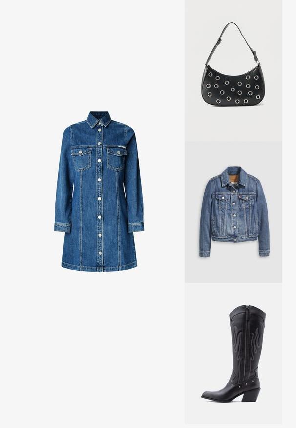 Jeansjacke in mittlerem Blau mit klassischem Kragen, Knopfleiste, zwei Brusttaschen und goldfarbenen Beschlägen. Mit Used-Effekt.; Denimhemdkleid, lange Ärmel, durchgehende Knopfleiste, zwei Brusttaschen, klassischer Kragen, mittelblaue Farbe und leichte Steppdetails.; Schwarze Cowboy-Stiefel aus Leder mit spitzer Zehenpartie, sichtbarer Nahtführung, silbernen Nietenakzenten und Reißverschluss auf der Innenseite.; Schwarze Lederschultertasche mit verstellbarem Riemen, ausgestattet mit silbernen Metallösenverzierungen und einem Reißverschluss an der Oberseite.