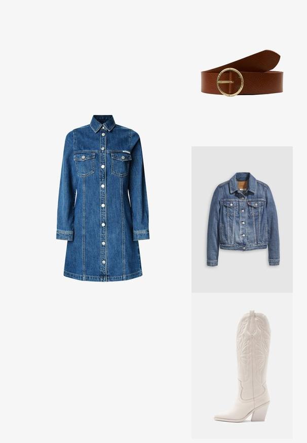 Veste en denim bleu moyen avec un col classique, fermeture à boutons, deux poches poitrine et des accessoires de couleur dorée. Détail de texture usée.; Robe en denim, manches longues, fermeture à boutons sur le devant, deux poches poitrine, col classique, couleur bleu moyen et détails de couture clairs.; Bottine de cowboy en cuir blanc avec un bout pointu et un talon bloc. Présente des motifs de broderie complexes sur la tige et une texture lisse.; Ceinture en cuir marron avec une finition texturée, dotée d'une boucle circulaire en ton or gravée "T.W. ST. BROS & CO S.F. CAL."