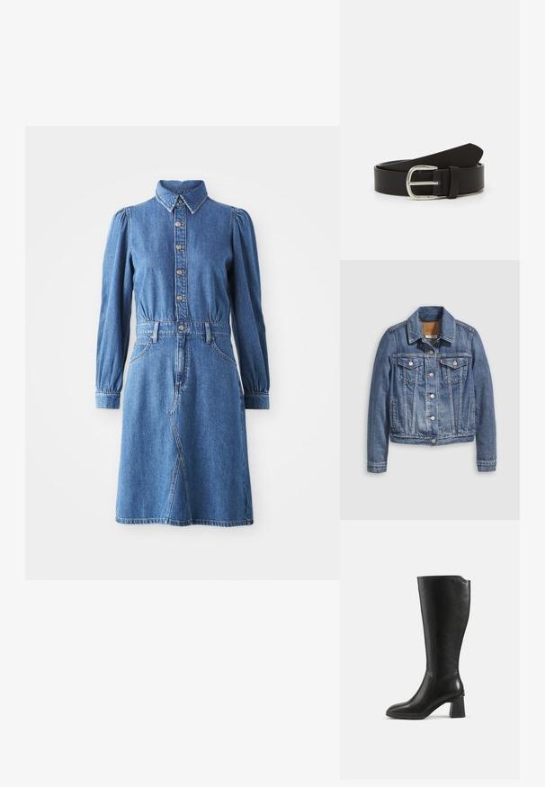 Denimjakke i mellemblå med klassisk krave, knaplukning foran, to brystlommer og guldfarvet hardware. Slidt teksturdetalje.; Denim kjole med knaplukning foran, krave og lange puffærmer. Har en tætsiddende talje, to sidelommer og en klokkeformet nederdel.; Sort knæhøj læderstøvle med blokhæl og rundet tå, vist fra siden på en ensfarvet baggrund.; Sort læderbælte med en glat overflade, der har en metal sølv spænde og en tilspidset ende. Enkel, klassisk design.