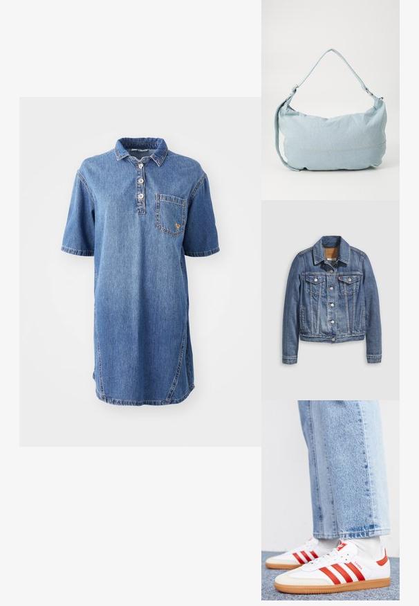 Spijkerjack in mediumblauw met een klassieke kraag, knopen aan de voorkant, twee borstzakken en goudkleurige accenten. Verweerde textuurdetails.; Denim polo jurk in lichtblauw, met een kraag, korte mouwen, een vierknops sluiting en een zakje aan de linkerkant van de borst.; Witte leren sneakers met rode strepen en accenten. Voorzien van een getextureerde gumrubberen outsole en een gevoerde kraag. Draag ze met lichtblauwe denim.; Lichtblauwe denim schoudertas met een ronde vorm, verstelbare schouderband en subtiele stiksels langs de onderrand. Zachte textuur.
