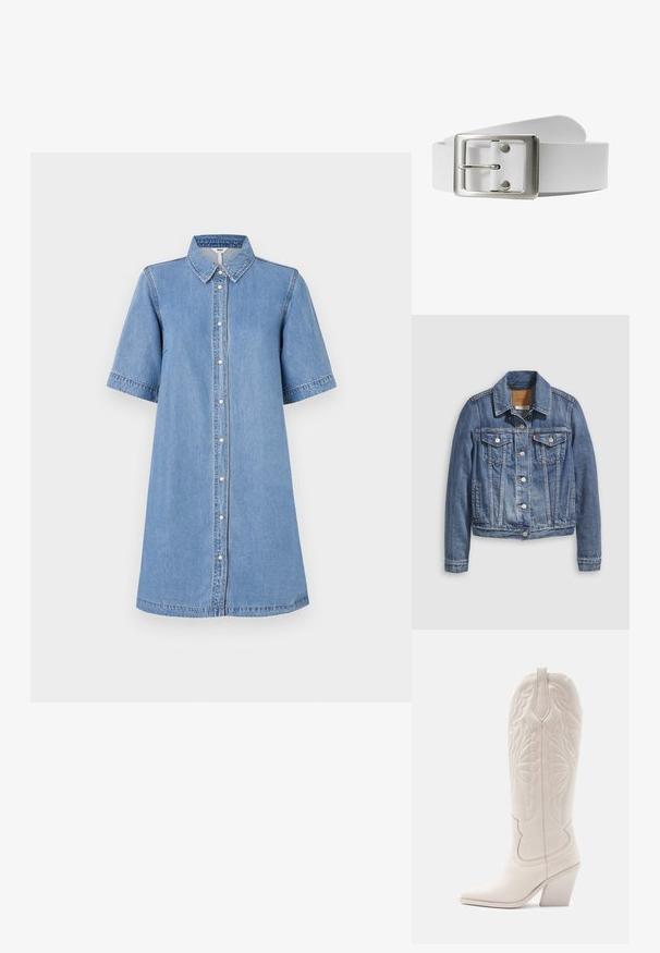 Denimjakke i mellemblå med klassisk krave, knaplukning foran, to brystlommer og guldfarvet hardware. Slidt teksturdetalje.; Denim skjortekjole, lyseblå, kortærmet, krave, knaplukning foran, knælang, syning detaljer på ærmerne, afslappet pasform.; Hvide læder cowboystøvler med spidse tæer og blokhæle. Har intrikate syninger på skaftet og en glat tekstur.; Hvid læderbælte med en rektangulær sølvmetalspænde og en pig, der har en glat overflade og et minimalistisk design.
