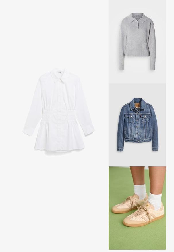 Denimjakke i mellemblå med klassisk krave, knaplukning foran, to brystlommer og guldfarvet hardware. Slidt teksturdetalje.; Grå strikket sweater med krave, tre knapper og ribbet kant. Har lange ærmer og en blød tekstur.; Hvid skjorte med lange ærmer, krave, elastisk talje og peplumkant; lavet af et glat, let materiale.; Fødder iført beige vævede Adidas sneakers med gummisåler og hvide ankelsokker på en grøn struktureret gulv.