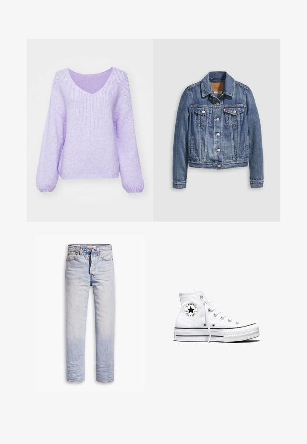 Denimjakke i mellemblå med klassisk krave, knaplukning foran, to brystlommer og guldfarvet hardware. Slidt teksturdetalje.; Lilla strikket sweater med V-hals, sænkede skuldre og lange ærmer. Materialet er blødt, tekstureret og en smule løs pasform.; Lyseblå denimjeans med lige ben, der har en knaplukning, fem lommer og en diskret falmning langs benene.; Hvid højtop Converse Chuck Taylor All Star-sneaker med sort logo-patch og hvide snørebånd, vist på hvid baggrund.