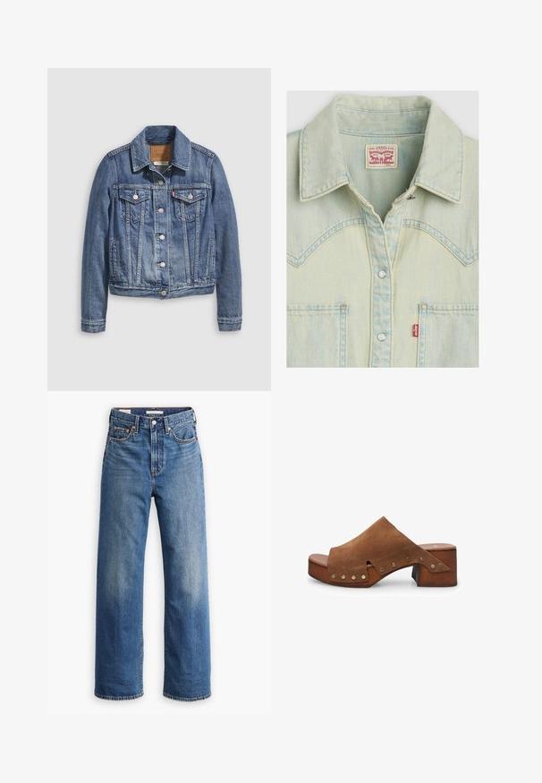 Denimjakke i mellemblå med klassisk krave, knaplukning foran, to brystlommer og guldfarvet hardware. Slidt teksturdetalje.; Lyseblå denimskjorte med klassisk krave, trykknapper, brystlomme og en label i rødt og hvidt design. Har en falmet tekstur.; Lyseblå denimjeans med høj talje, bred benstil, klassisk fem-lomme design og subtil falmning på stoffet.; Brune ruskind hæl-sandal med en bred strop og udskæringsdetalje, prydet med messing-nagle accenter og en træblokhæl.