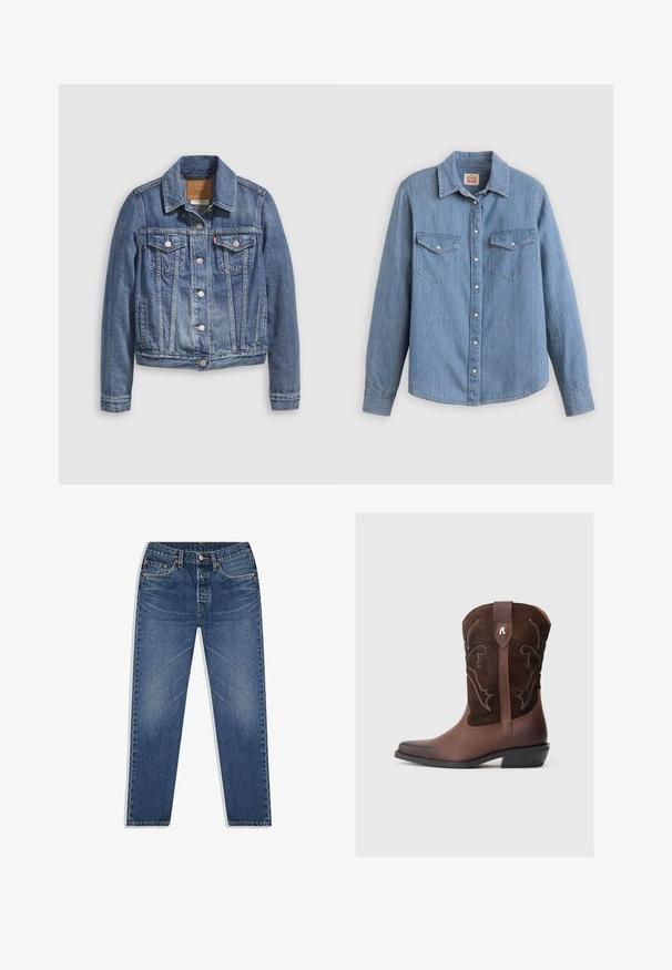 Jeansjacke in mittlerem Blau mit klassischem Kragen, Knopfleiste, zwei Brusttaschen und goldfarbenen Beschlägen. Mit Used-Effekt.; Hellblaues Jeanshemd mit langen Ärmeln, Knopfleiste vorne, zwei Brusttaschen und klassischem Kragen. Glatte Textur und lockere Passform.; Blaue Denim-Jeans mit geradem Bein, ausgestattet mit einem Knopf- und Reißverschluss, fünf Taschen und dezenten Abnutzungserscheinungen in der Waschung.; Brauner Leder-Cowboystiefel mit strukturiertem Wildlederobermaterial, detaillierter weißer Naht, spitz zulaufender Spitze und einem niedrigen Blockabsatz.