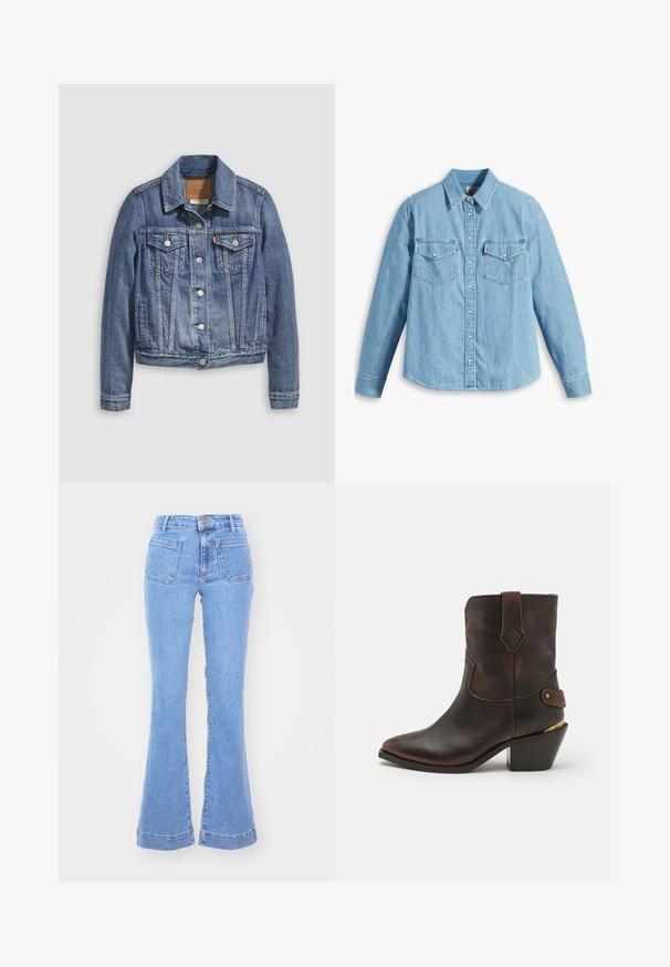 Jeansjacke in mittlerem Blau mit klassischem Kragen, Knopfleiste, zwei Brusttaschen und goldfarbenen Beschlägen. Mit Used-Effekt.; Helles blaues Denimhemd mit langen Ärmeln, spitzem Kragen, zwei Brusttaschen, Knopfleiste und subtiler Struktur. Keine sichtbaren Muster.; Hellblaue Jeans mit hoher Taille, aufgesetzten Fronttaschen und ausgestellten Beinen vor weißem Hintergrund.; Braune Leder-Cowboystiefel mit spitzer Zehe und gestapeltem Absatz. Verfügt über ein dekoratives Diamantmuster und einen Riemen mit Hardware-Akzenten.
