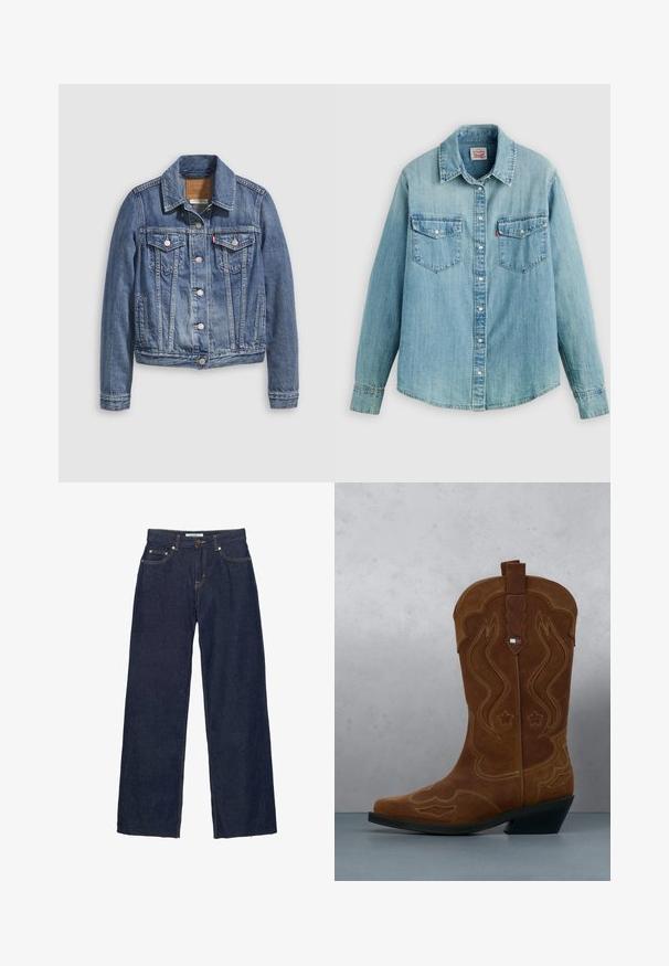 Veste en denim bleu moyen avec un col classique, fermeture à boutons, deux poches poitrine et des accessoires de couleur dorée. Détail de texture usée.; Chemise en denim bleu clair avec un col classique, une fermeture à boutons sur le devant, deux poches poitrine, des poignets boutonnés et un ourlet légèrement arrondi.; Jean droit en denim bleu foncé avec fermeture par bouton et fermeture éclair, cinq poches et surpiqûres contrastantes visibles.; Botte de cowboy en daim marron avec des coutures décoratives et un emblème de drapeau sur la tige, posée sur un sol en lattes de bois à l'extérieur.