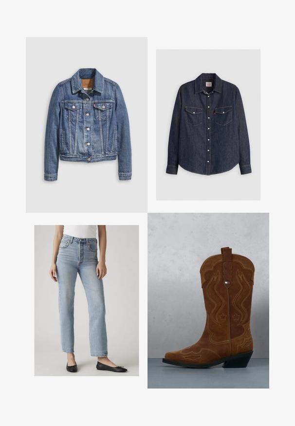 Denimjakke i mellemblå med klassisk krave, knaplukning foran, to brystlommer og guldfarvet hardware. Slidt teksturdetalje.; Mørkeblå denimskjorte med lange ærmer, knaplukning fortil, to brystlommer med klapper og kontrasterende gule sømme.; Kvinde iført lyseblå jeans med høj talje og lige ben samt sorte balletsko, stående mod en ensfarvet lys baggrund.; Brun ruskind cowboystøvle med dekorativ syning og et flagemblem på skaftet, stående på et trægulv udendørs.