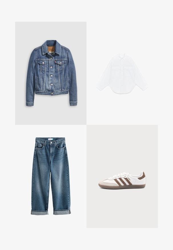 Jeansjacke in mittlerem Blau mit klassischem Kragen, Knopfleiste, zwei Brusttaschen und goldfarbenen Beschlägen. Mit Used-Effekt.; Weißes langärmliges Hemd mit Knöpfen, spitzem Kragen und zwei vorderen Pattentaschen mit Knöpfen, auf weißem Hintergrund flach liegend.; Blaue Denim-Boyfriend-Jeans mit Umschlägen, vorderem Knopf- und Reißverschluss sowie sichtbaren Vordertaschen.; Weißer Adidas Samba Sneaker mit braunen Wildlederstreifen, brauner Gummisohle und beiger Wildlederkappe, von der Außenseite auf schlichtem Hintergrund gezeigt.