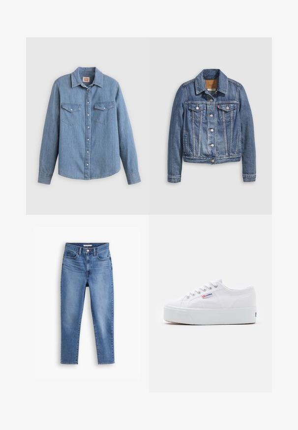 Veste en denim bleu moyen avec un col classique, fermeture à boutons, deux poches poitrine et des accessoires de couleur dorée. Détail de texture usée.; Chemise en denim bleu clair à manches longues, boutonnée à l'avant, avec deux poches poitrine et un col classique. Texture lisse et coupe décontractée.; Jeans pour femmes taille haute bleus avec fermeture à bouton et à zip à l'avant, passants de ceinture et design à cinq poches, posés sur un fond blanc.; Baskets en toile blanches avec une épaisse semelle plateforme blanche, bout rond et œillets en métal pour les lacets. Logo de la marque affiché sur le côté.